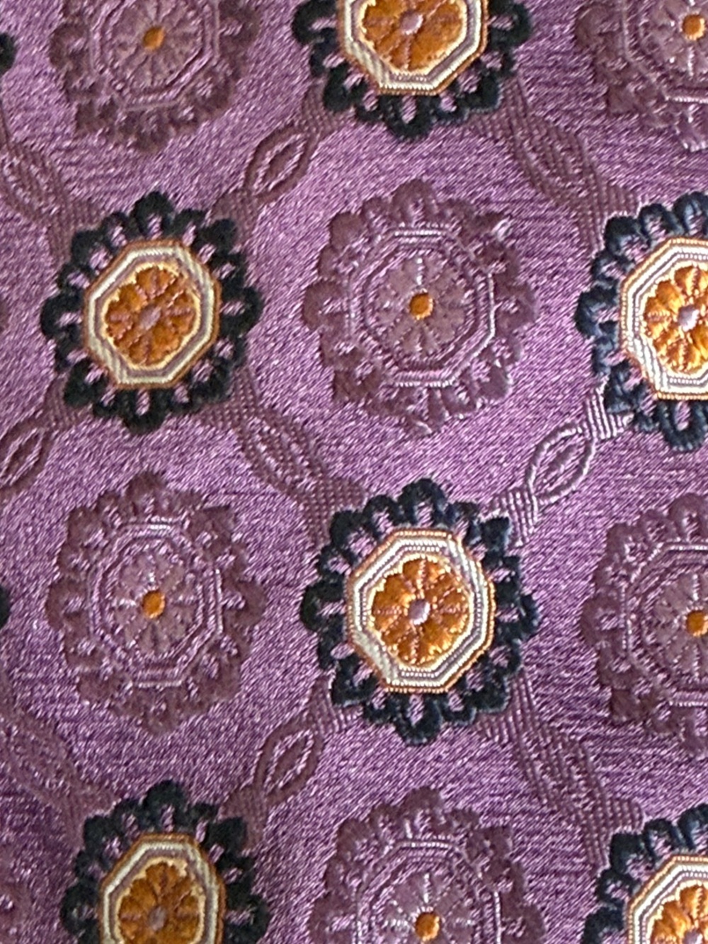 Peter Millar Purple Medallion Silk Tie with Gold and Black Accents